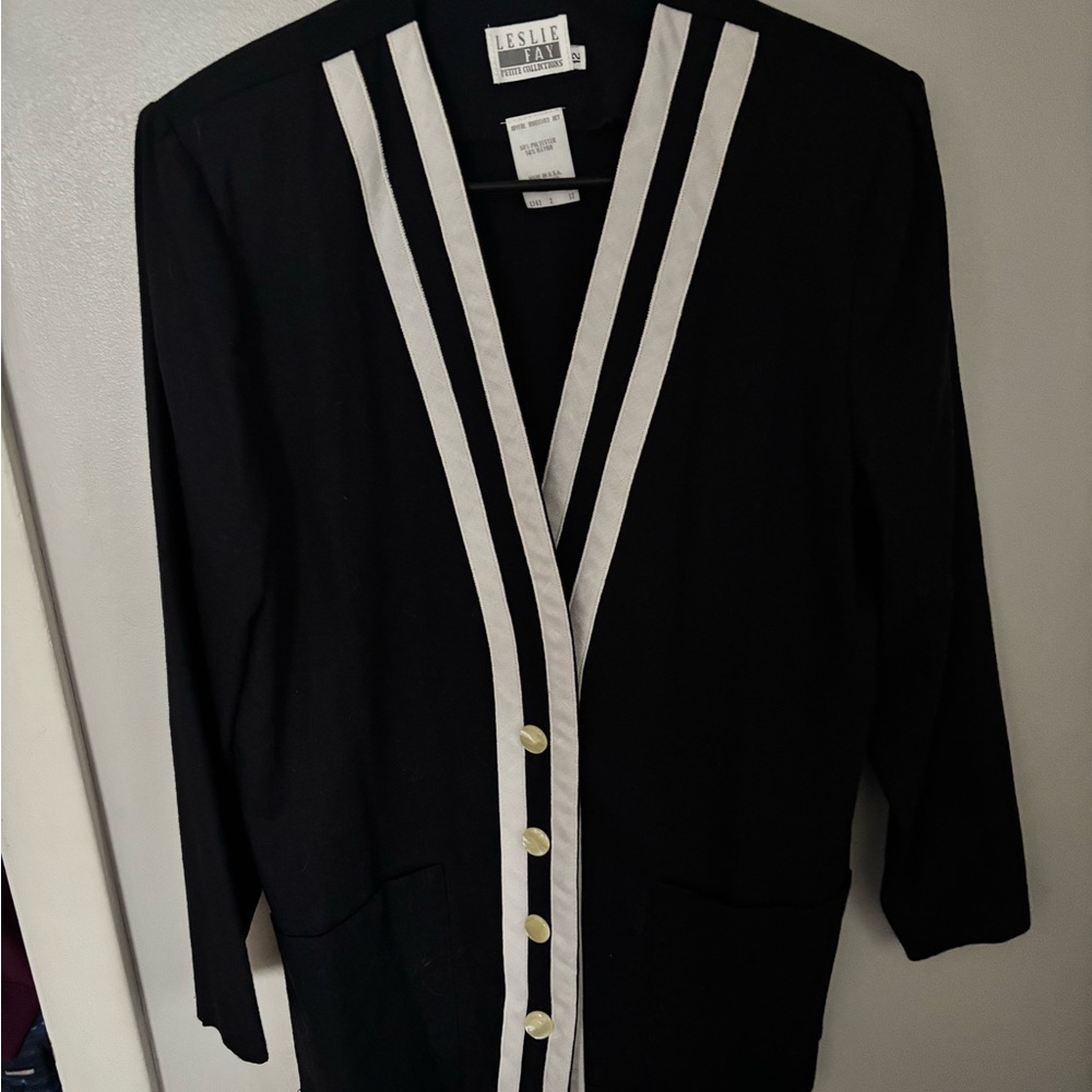 Vintage Black Blazer with White Trim and Gold Buttons